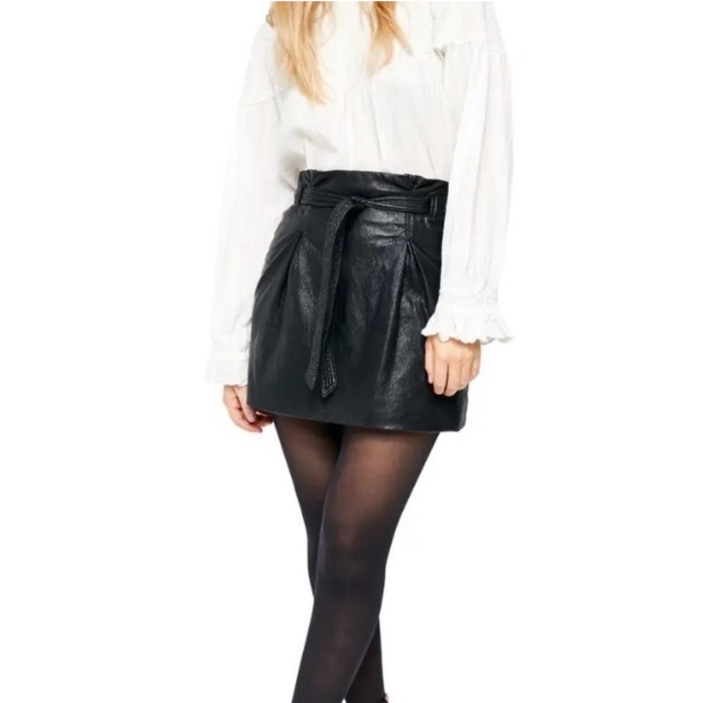Free People Faux Leather Skirt Paperbag Waist Tie Belt Black Skirt Size 8 (G) - Picture 6 of 13